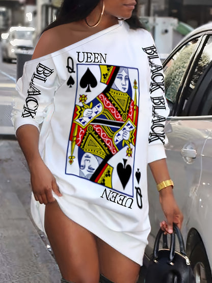 2025 Ny axelbandslös långärmad klänning med Queen Poker-tryck