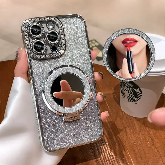 Modische Handyhülle mit Schminkspiegel, Diamant und Standfunktion