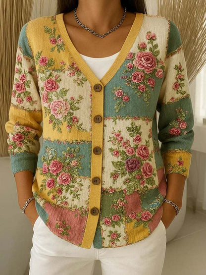 【🔥 Der heutige Super-Tiefpreis】Damen-Cardigan aus Baumwolle mit V-Ausschnitt und Blumenmuster