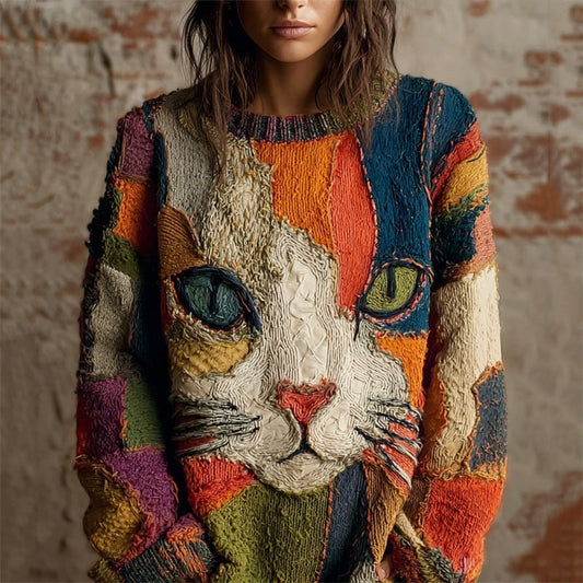 Eine alltagstaugliche Damenbluse im kunstvollen Patchwork-Stil mit einem Katzenmotiv.