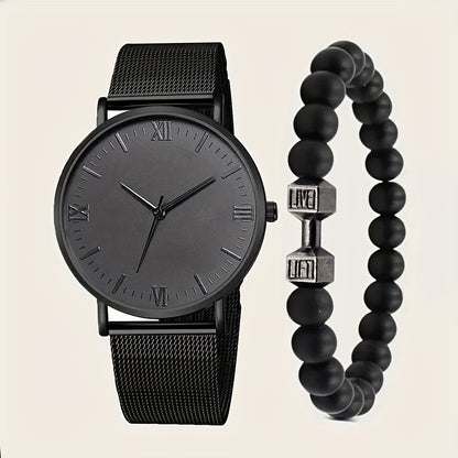 🔥2024 heiß verkauftes 2-teiliges Set aus Edelstahl-Quarzuhr und Armband für Herren