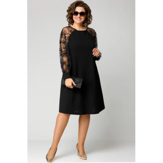 【🔥 Der heutige Super-Tiefpreis】⭐Rundhals-Kleid mit langen Ärmeln und Spitzen-Patchwork