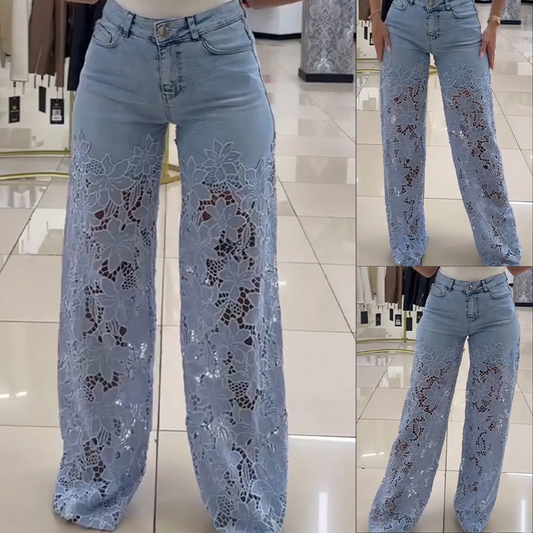 👖Moderna jeans med spetskant