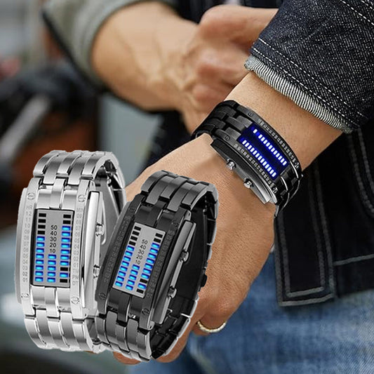 ⌚ 49% RABATT! 💙 Coole Herrenuhr im Binary-Design – Edelstahl, LED-Armband, vakuumbeschichtet & stilvoll mit blauem Licht ✨