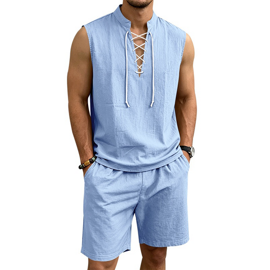 👕  ✨ Herren Leinen-Set – Ärmelloses Top mit Schnürung, Shorts, 7 Farben ☀️