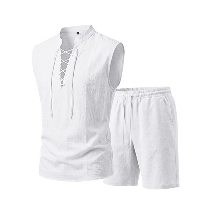 👕  ✨ Herren Leinen-Set – Ärmelloses Top mit Schnürung, Shorts, 7 Farben ☀️